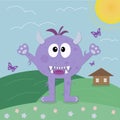 Children's Card with purple fanny monster, field and hause